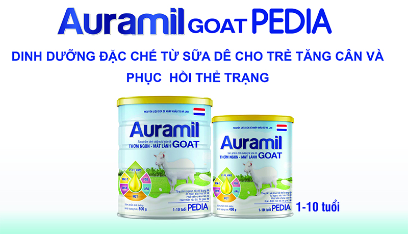 Sản phẩm sữa Auramil Goat Pedia đặc chế từ sữa dê giúp con tăng cân khỏe mạnh 